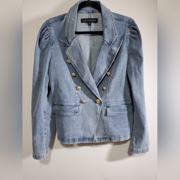 Boston Proper Jackets & Blazers - Boston Proper Light Blue Denim Blazer with Gold Buttons